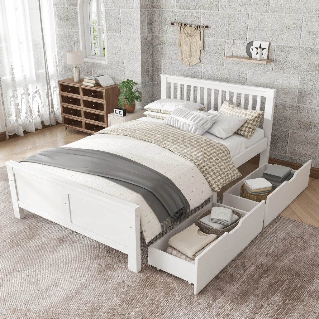 Letto matrimoniale 140x200 cm bianco con 2 cassetti