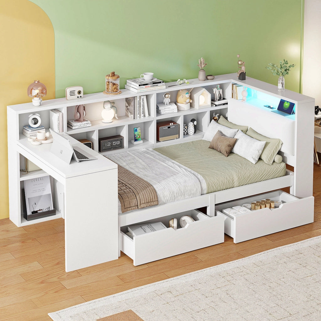 Letto a soppalco 90 × 200 cm con scrivania, libreria, cassetti, LED e USB, senza materasso, bianco