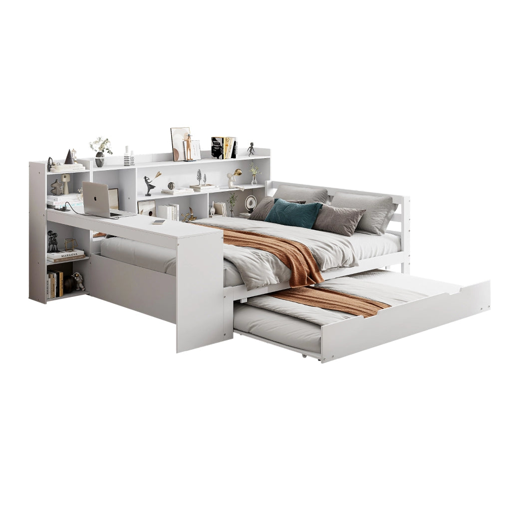 OKWISH Letto Divano 140×200 cm, Letto Matrimoniale con Letto Estraibile, Scrivania, Scaffali, USB e Prese, senza Materasso, in Legno, Bianco