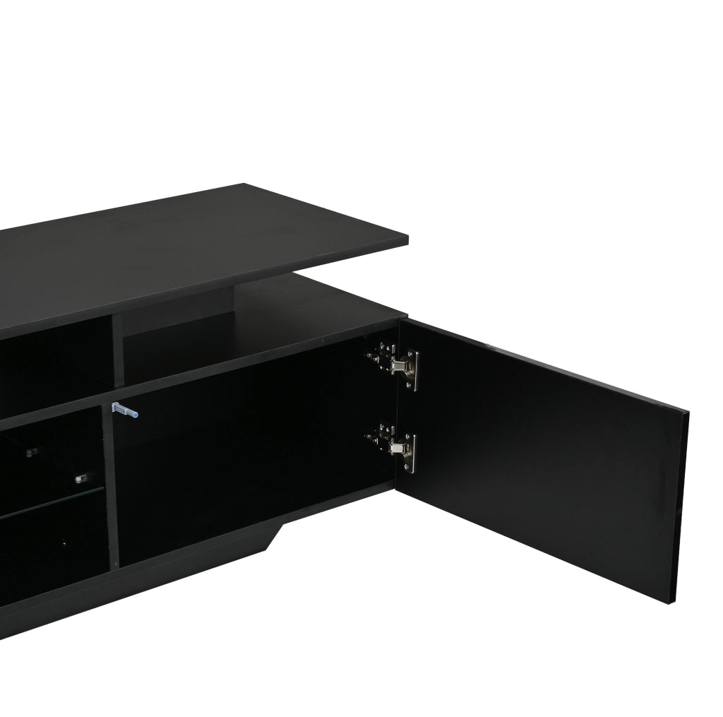 Mobile TV 160x40x45 cm con LED controllabile via app, 2 vani, MDF e vetro nero