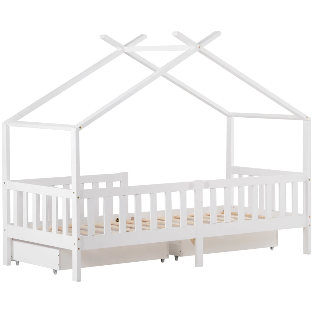 Letto a casa bianco con recinzione funzione di stoccaggio in legno massello 200x90 cm