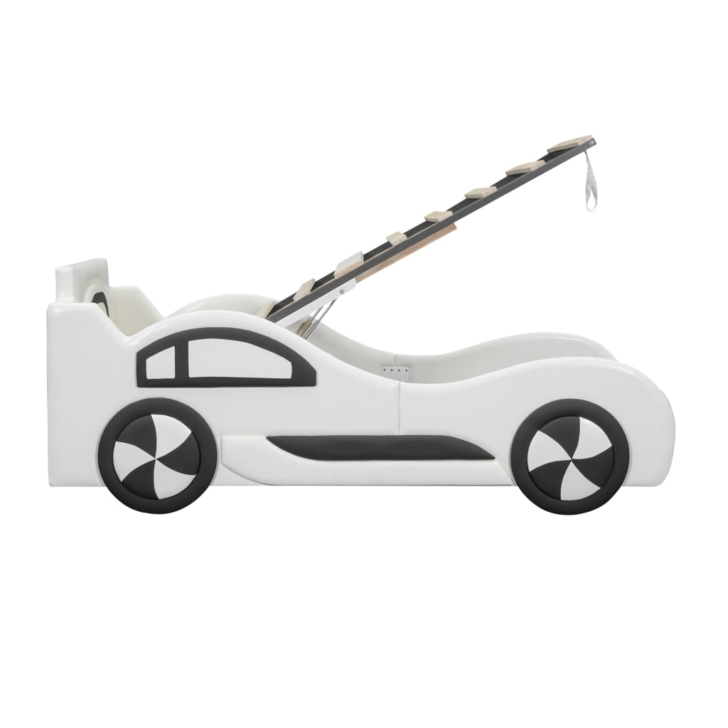 Letto bambino a forma di auto 90x200 cm con contenitore e rete a doghe; bianco
