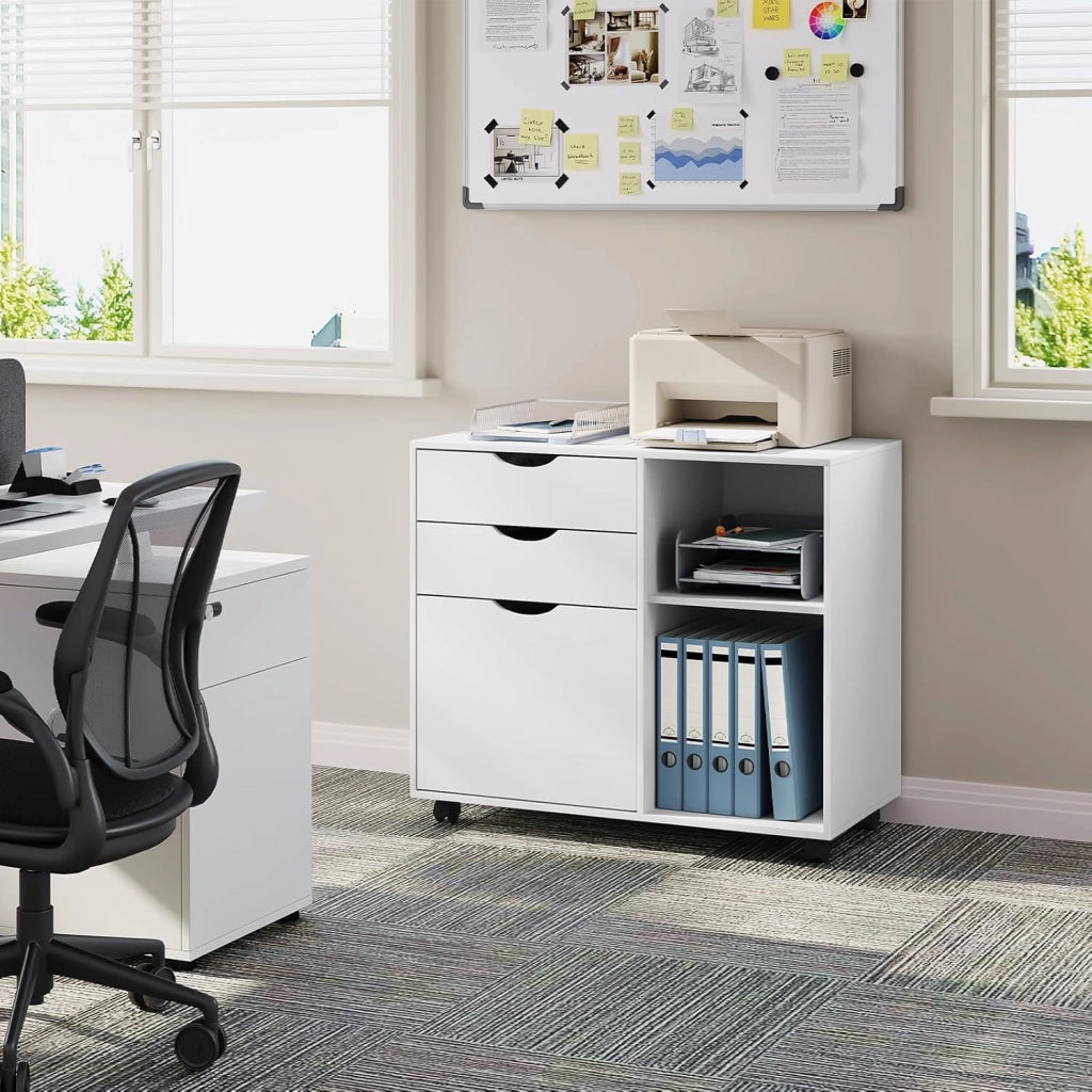 Schedario Mobilet con 3 Cassetti e 2 Ripiani Aperti, Cassettiera con 5 Ruote e Binario per Appendere, Armadio Ufficio per Cartelle e Documenti a4, 80x39,5x69,5 cm, Bianco