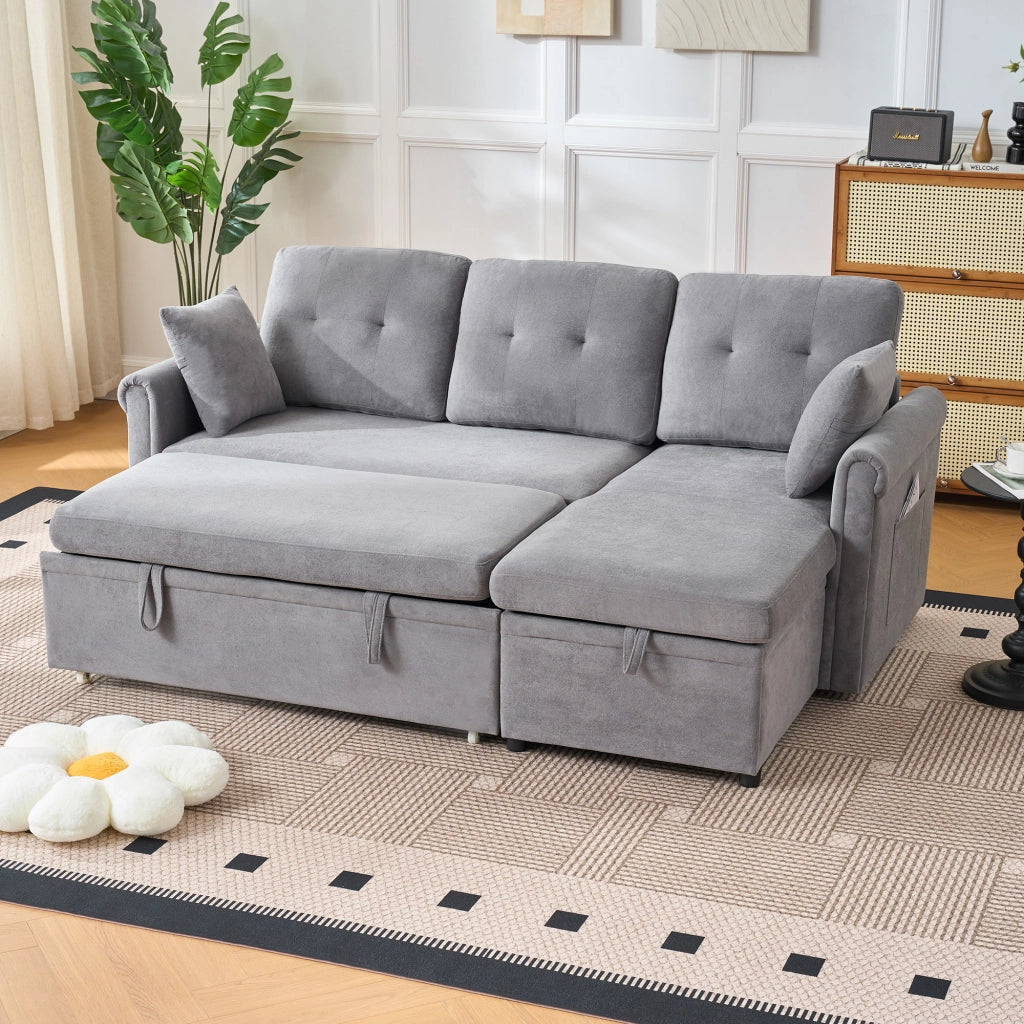 Divano angolare convertibile con contenitore funzione letto e chaise longue reversibile in chenille grigio