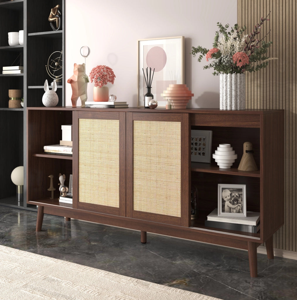 Credenza 155x38x80 cm con 3 ante scorrevoli in rattan e 2 cassetti; MDF e pannello truciolare