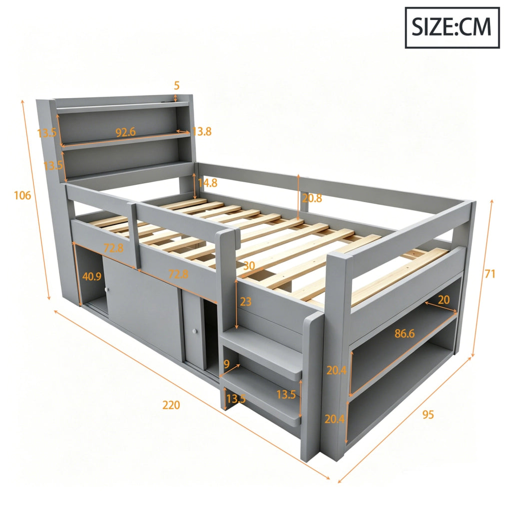 Letto multifunzione per bambini 90x200 cm in legno grigio con ripiani; LED e USB