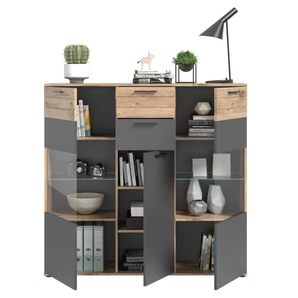 Buffet alto con porta in vetro - Grigio antracite e rovere chiaro - SELMA