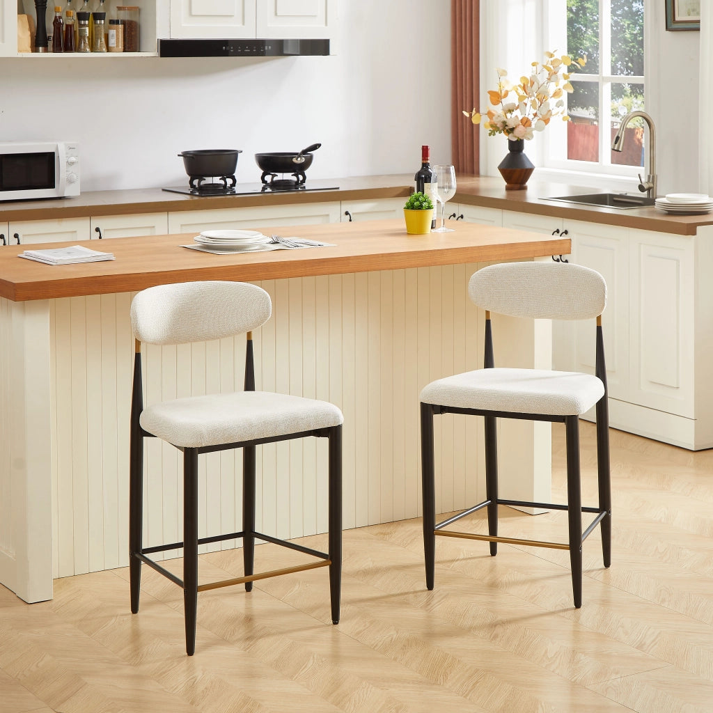 Sgabello da bar con Schienale Ergonomico, Poggiapiedi e Piedini Regolabili, in Tessuto Beige