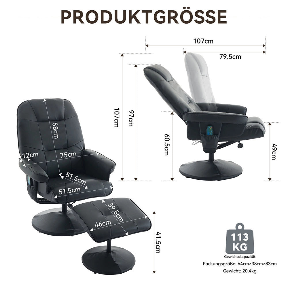 Poltrona massage - Xylo - riscaldamento PU girevole 360° con poggiapiedi nero