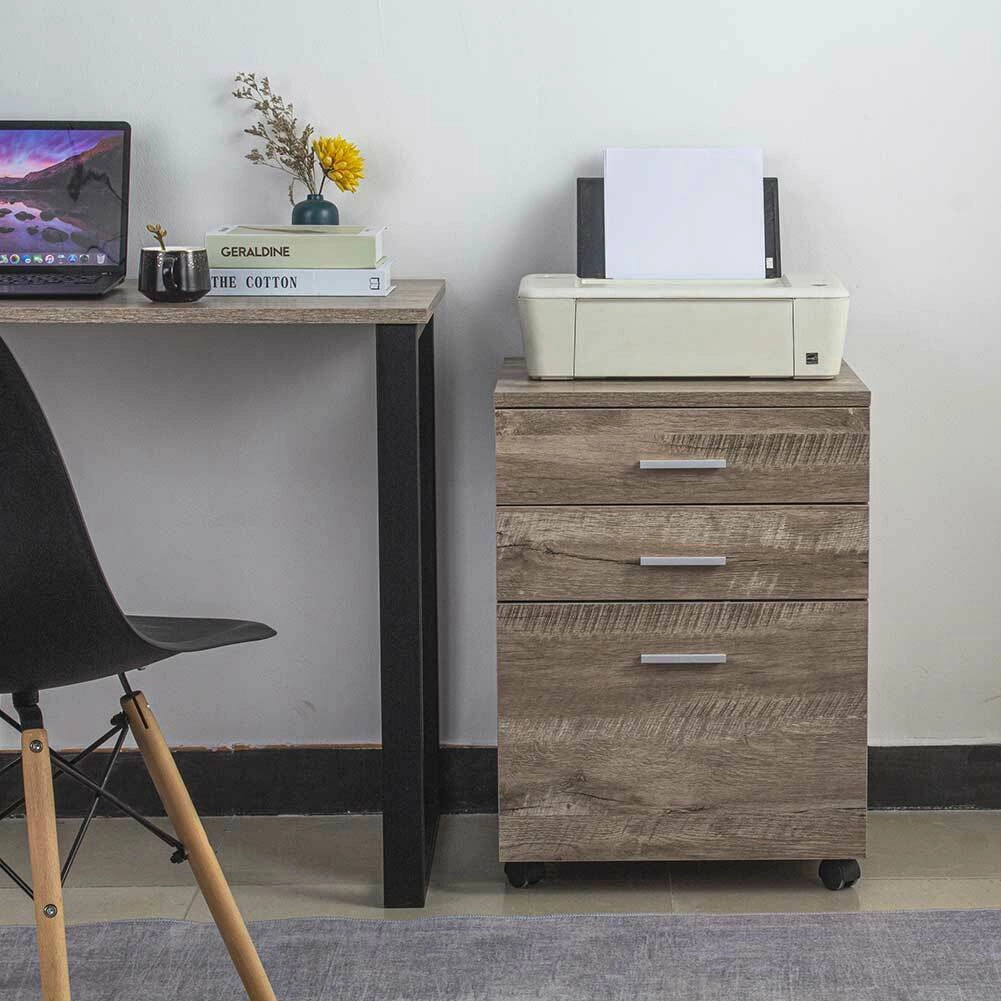 Cassettiera Scrivania Ufficio Legno MDF Mobiletto Stampante 3 Cassetti Tortora