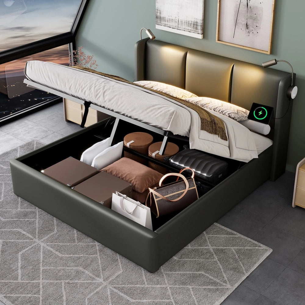 Letto Contenitore Imbottito Matrimoniale con Luce LED e Ricarica ¨C MINIMAL ¨C 160x200, PU