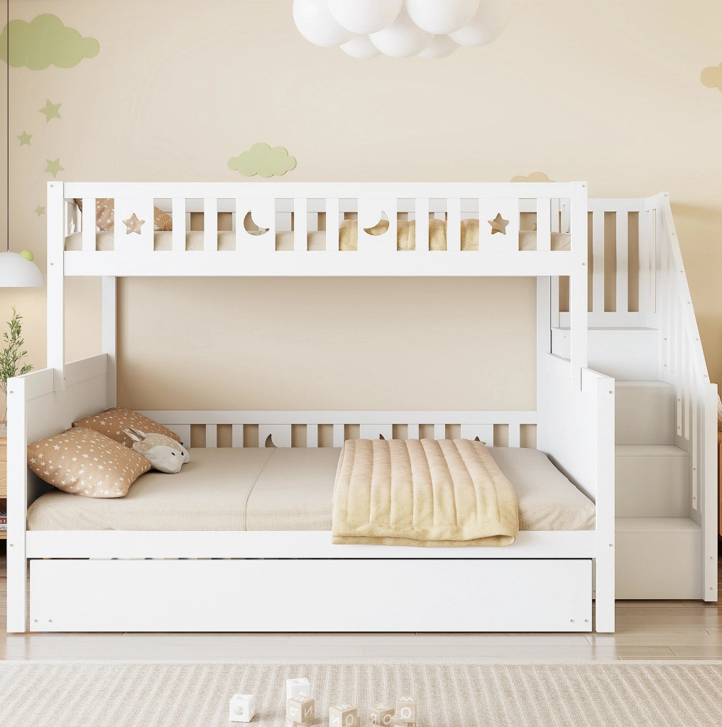Letto a castello multifunzione con scala contenitore 90x200/140x200 cm; bianco
