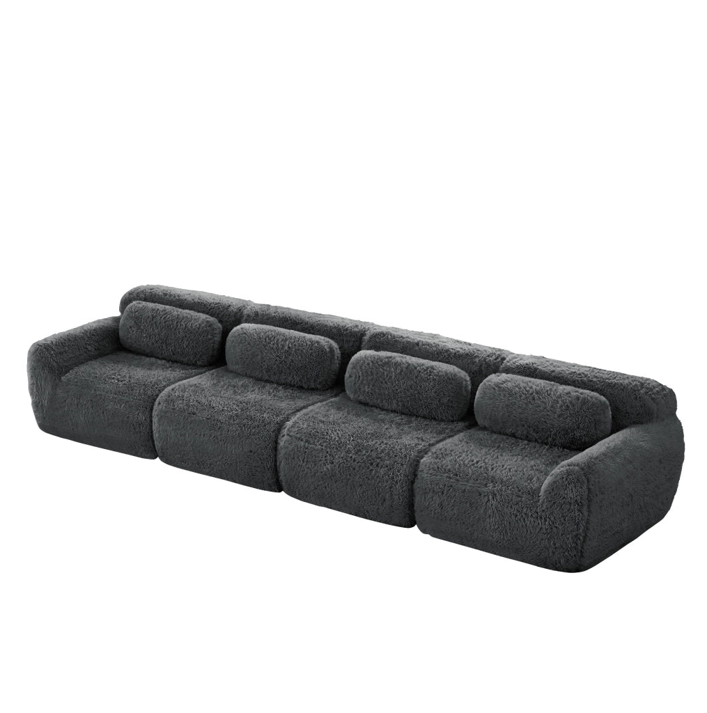 Divano angolare modulare in tessuto peluche con base antiscivolo; grigio