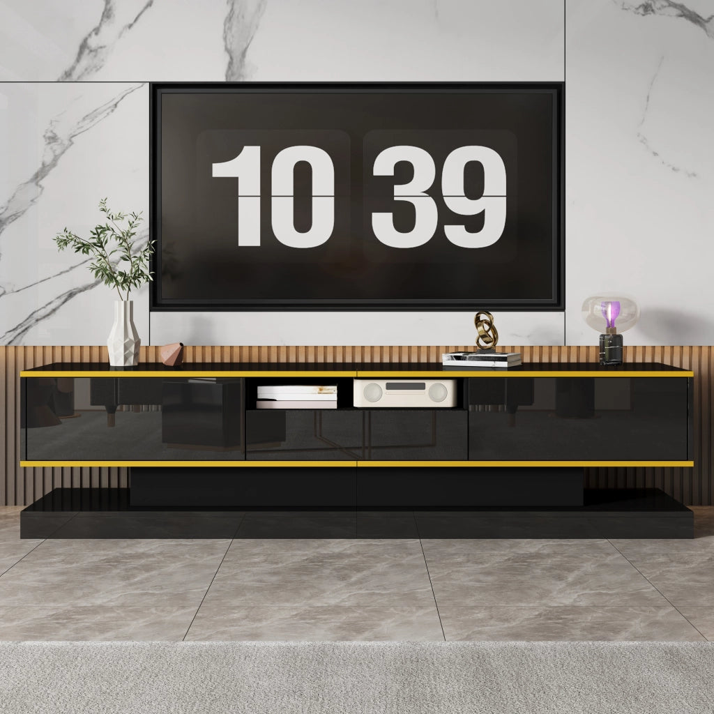 Mobile TV moderno con 3 cassetti; vano aperto e LED 180x38x45 cm nero e oro