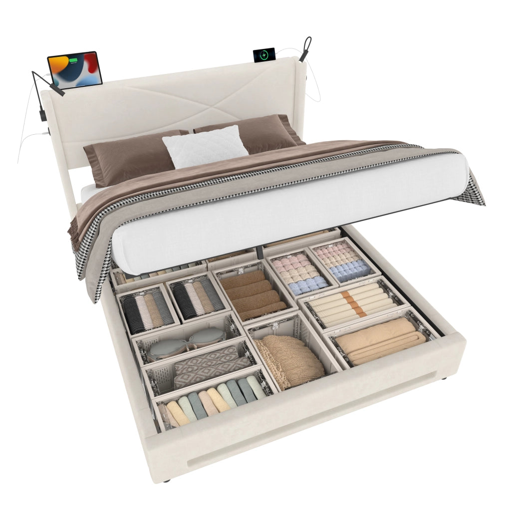 OKWISH Letto Contenitore 140×200 cm, Letto Matrimoniale con USB, Lampade da Lettura e LED Regolabile, senza Materasso, in Velluto, Beige