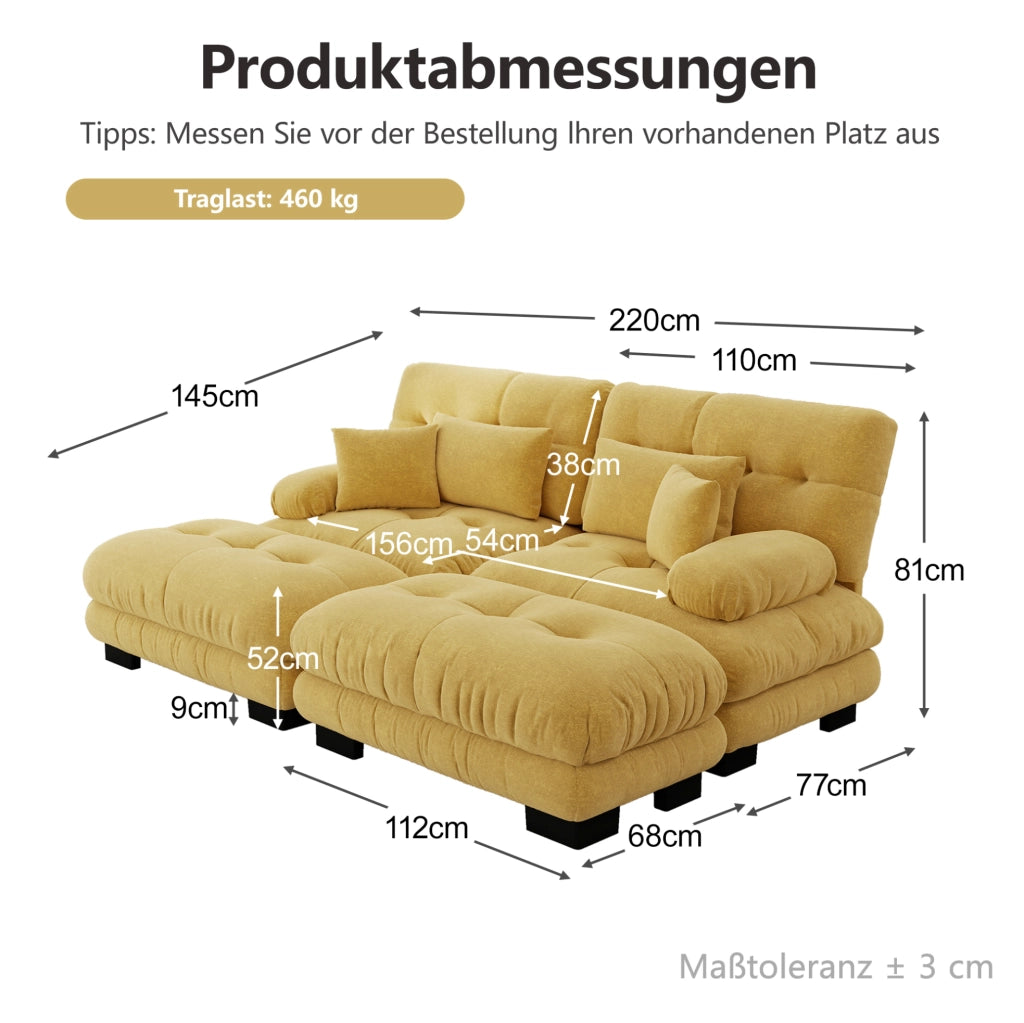 Divano modulare in chenille giallo con 2 pouf; 220x145x81 cm