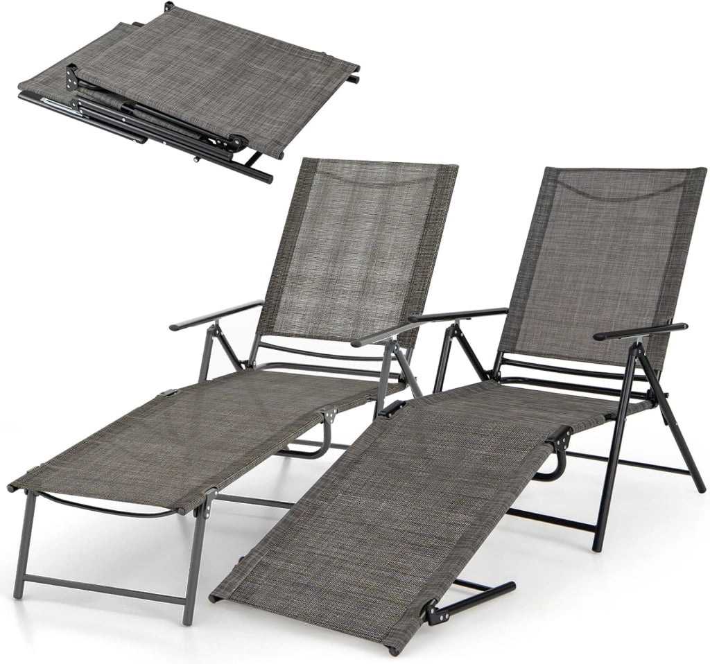 Set di 2 Sedie a Sdraio Pieghevolecon Schienale Regolabile e Poggiapiedi, Capacità di Carico 150 kg, Lettino Prendisole da Giardino Ideali per Patio, Giardino e Piscina, Nero