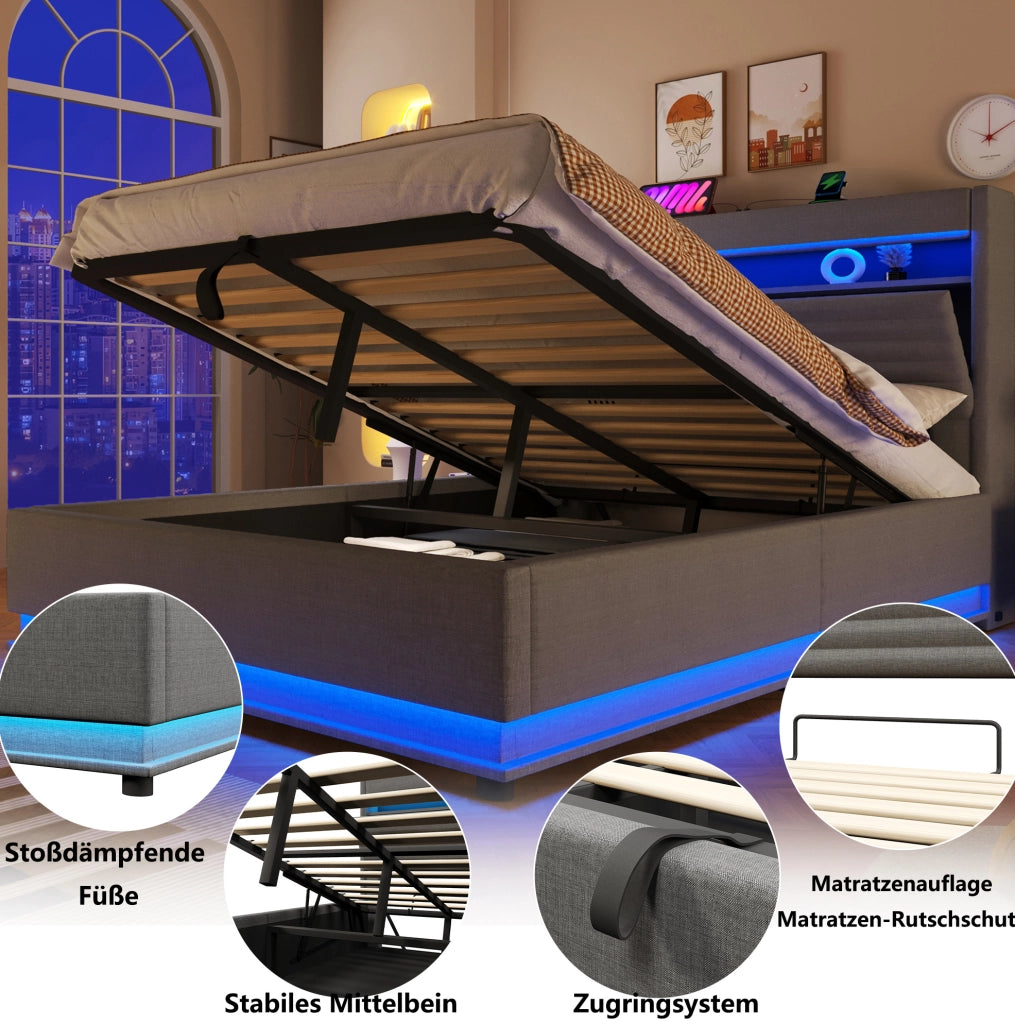 LETTO Contenitore 140x200 cm in lino grigio con LED e USB-C