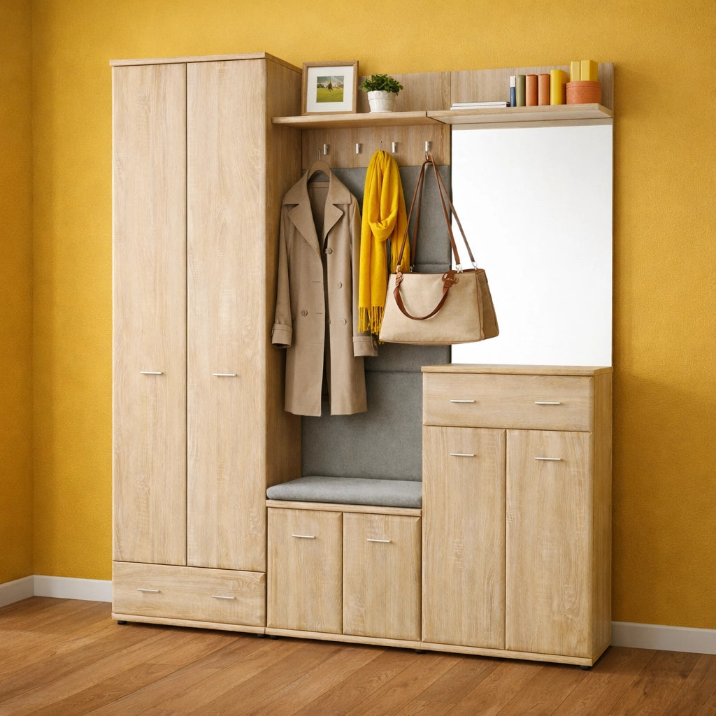 Mobile Ingresso Scarpiera Appendiabiti Imbottito Set Entrata Anta Specchio Vani Guardaroba Ganci Armadio Mobiletto Multifunzione Salvaspazio Corridoio Casa Design Moderno 180 x 32 x 203 Cm Rovere