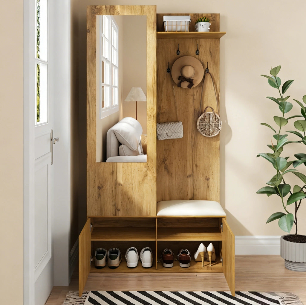 Mobile ingresso con specchio; scarpiera e panca 100x38x191 cm in MDF nero e naturale