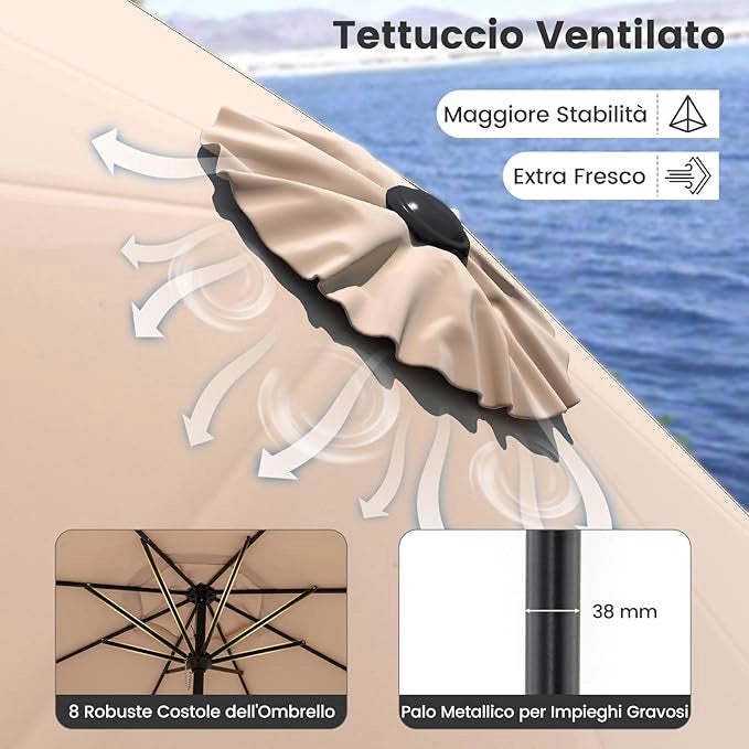 Ombrellone da Giardino 270 cm, Ombrellone da Esterno con Inclinazione Regolabile, Manovella, 8 Stecche, Tettuccio Ventilato, Ombrellone Parasole per Spiaggia, Bordo Piscina