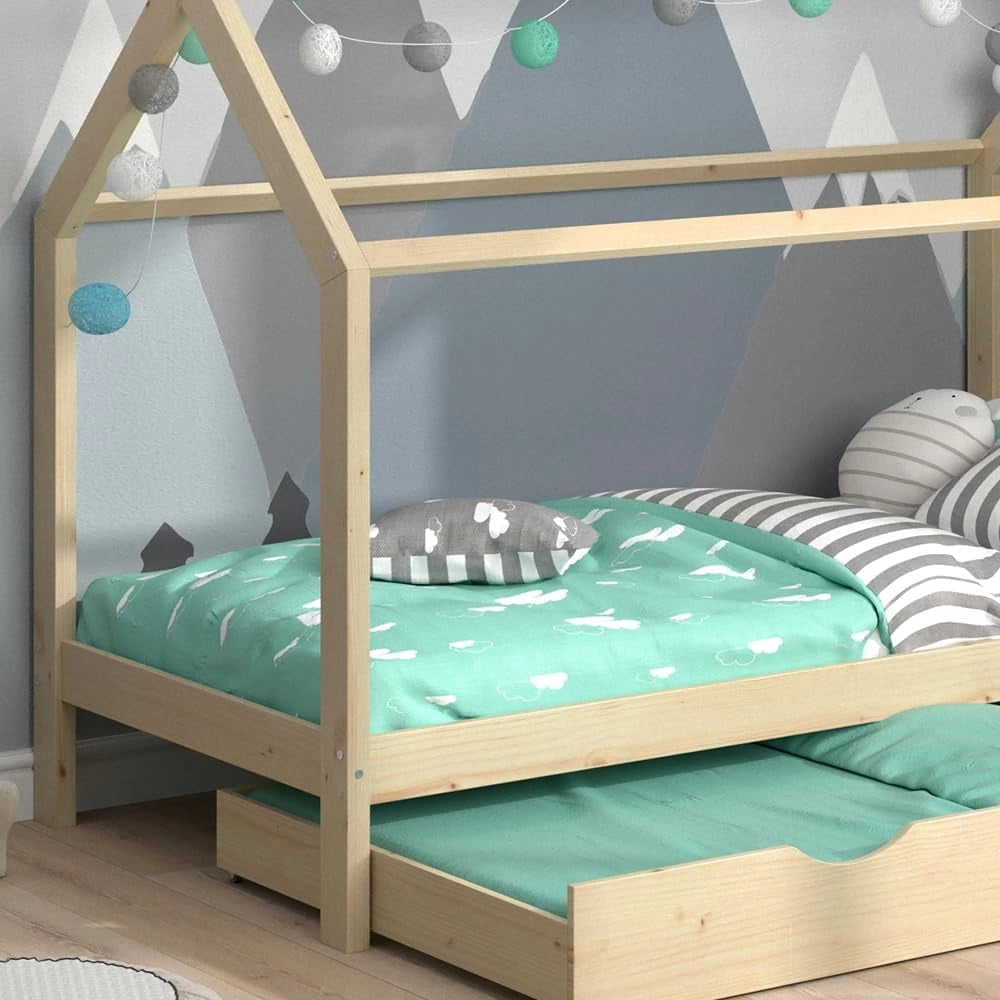 Letto da casa Wiki, Legno naturale, 90x200 cm con letto per ospiti, in legno massello con protezione anticaduta e rete a doghe