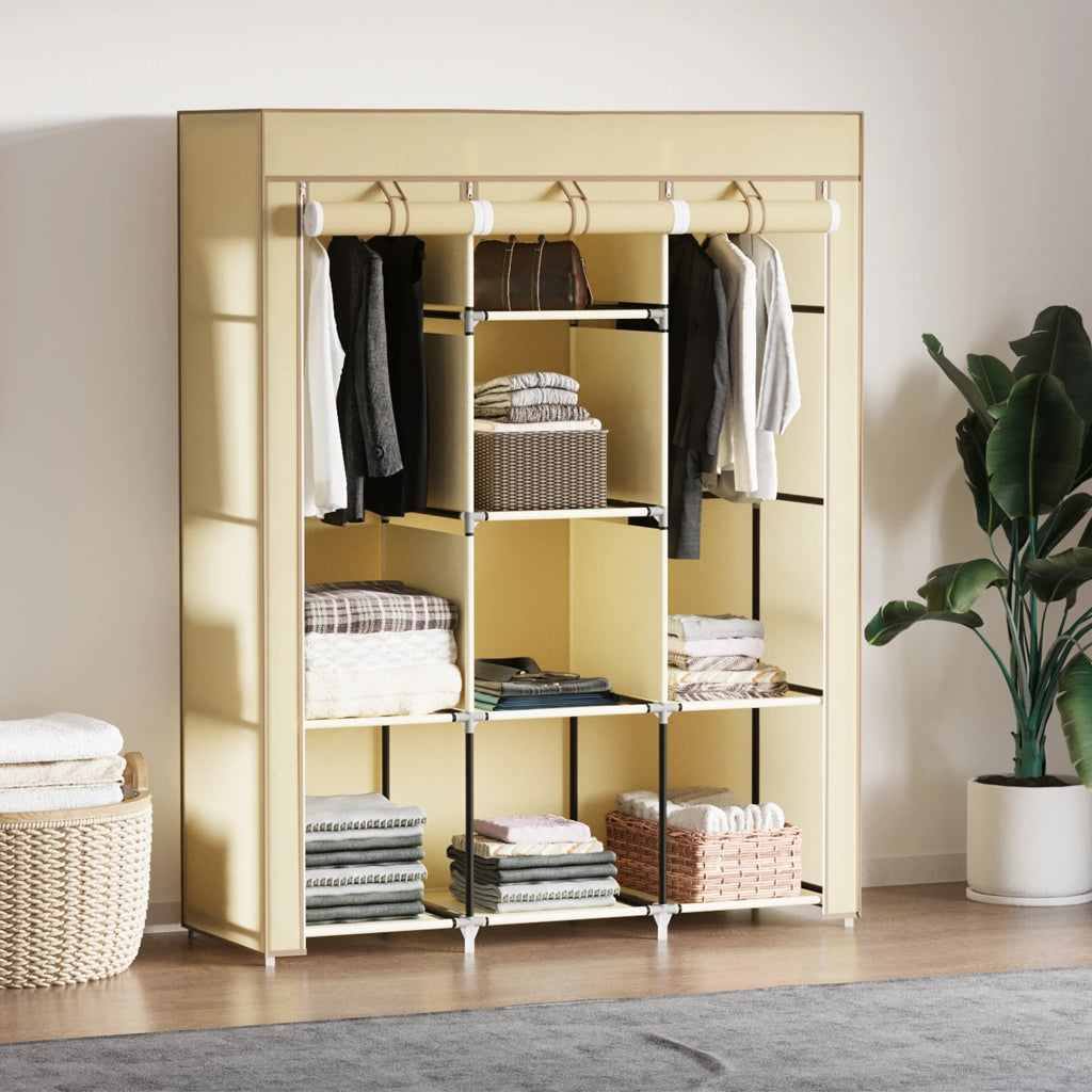 Armadio in tessuto con 8 ripiani e 2 barre appendiabiti, beige, 125x43x162,5 cm