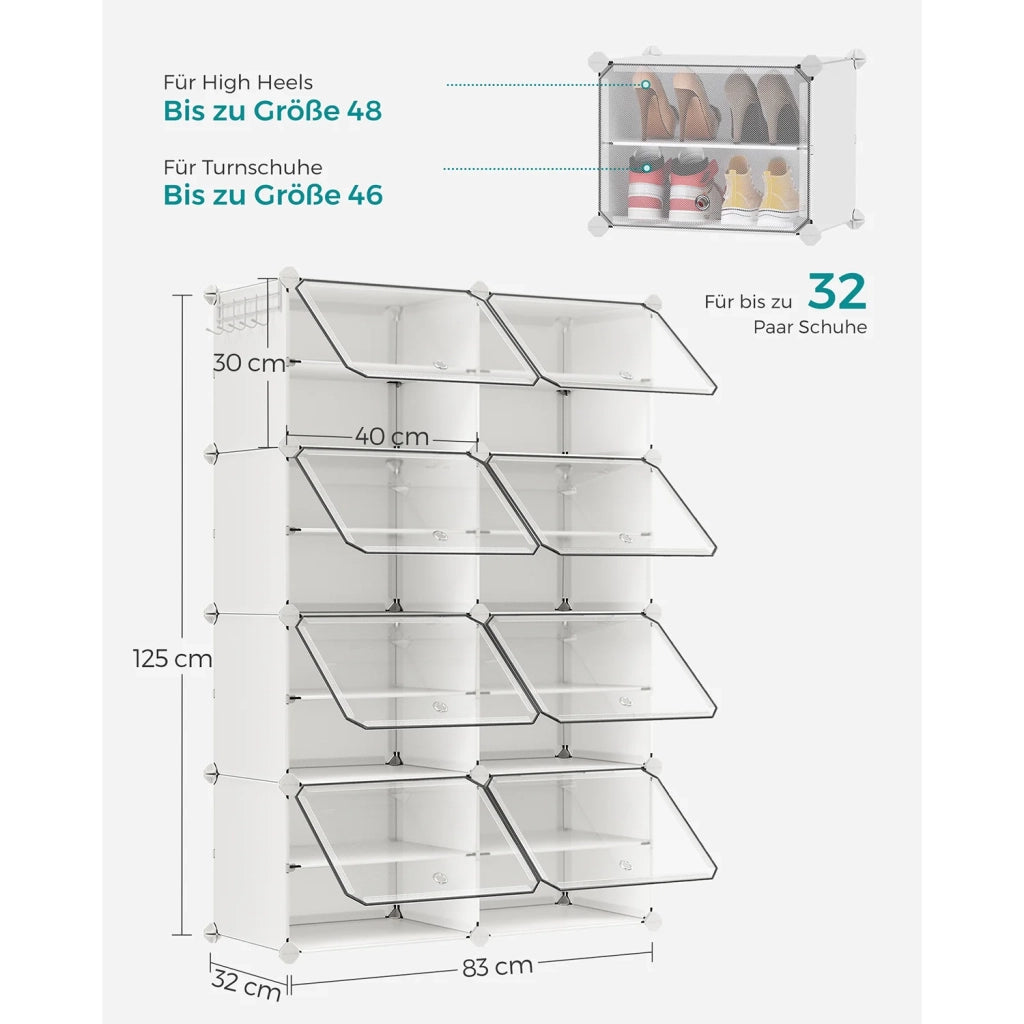 Scarpiera a 8 scomparti scaffale portaoggetti modulare scomparto 30 x 40 x 30 cm con anta struttura in acciaio pannelli in plastica bianca 12_0007327