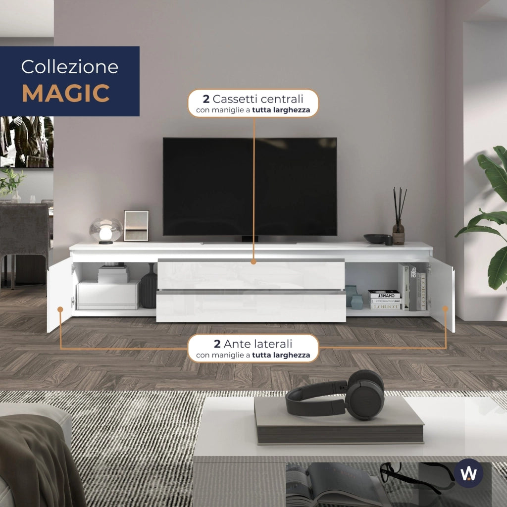 WHOUS Mobile porta tv Magic 2 ante e 2 cassetti centrali bianco lucido 240x40x55 cm