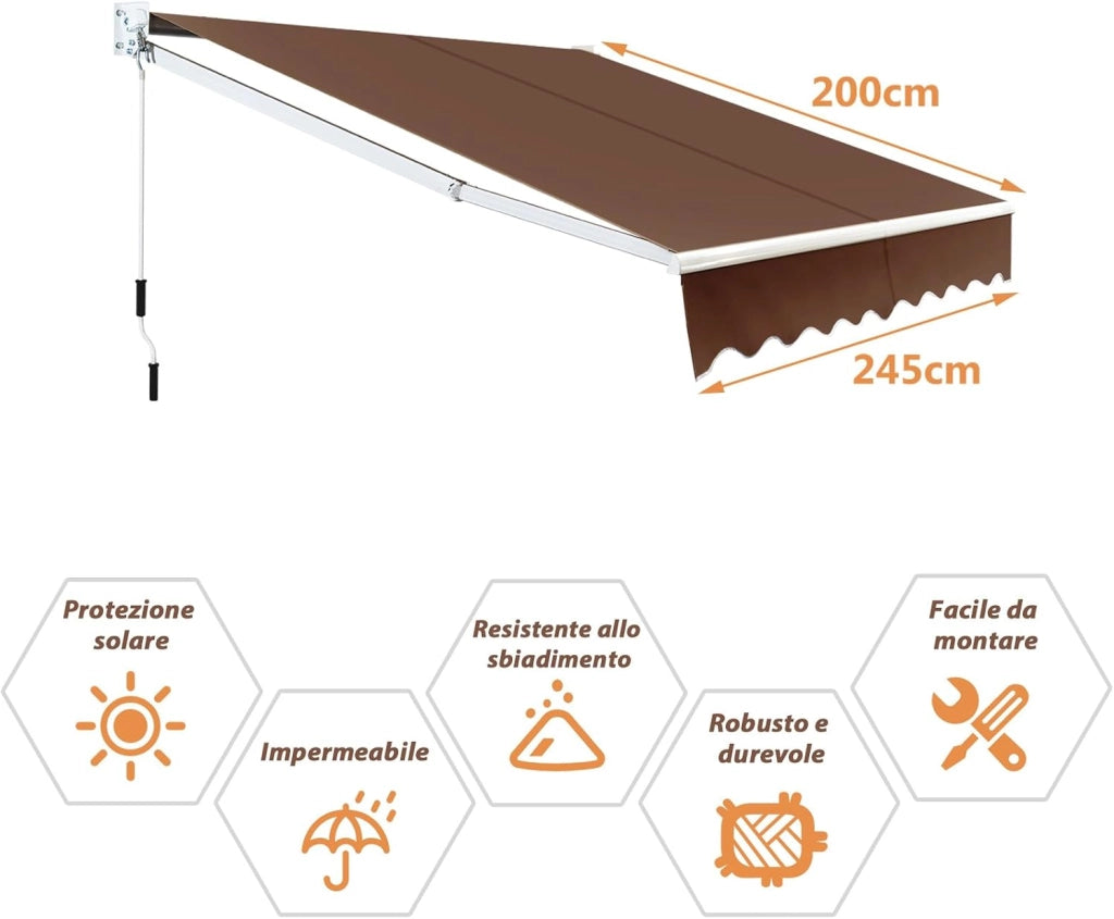 Tenda da Sole per Esterno Avvolgibile, Tenda da Sole a Bracci Estensibili con Telaio in Alluminio e Tettuccio Resistente al Sole e Impermeabile e Manovella (245 x 200 cm,Marrone)