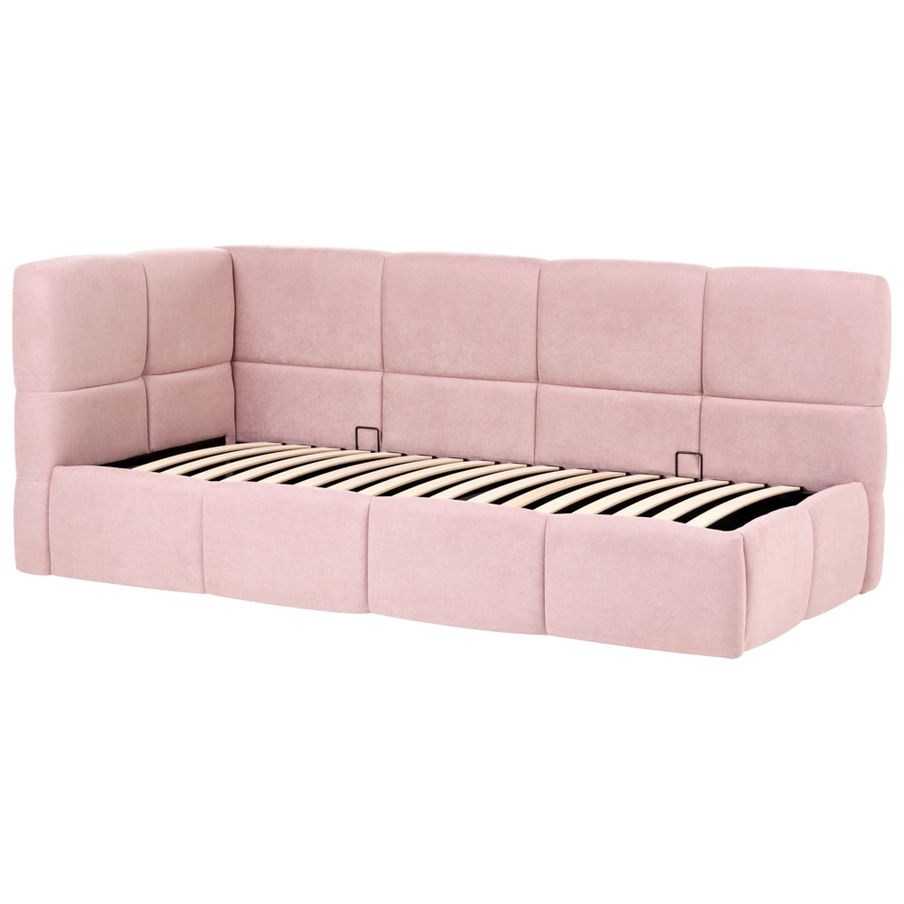 Divano letto imbottita in tessuto rosa lato sinistro 90x200 cm con pouf contenitore a forma di L