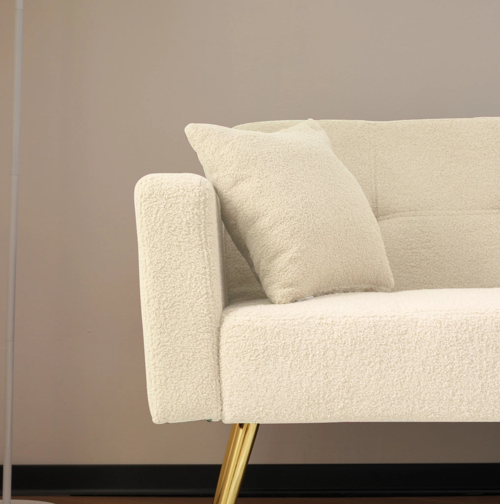 Divano letto ULEVR 175 cm beige con schienale regolabile, tasche laterali e gambe dorate