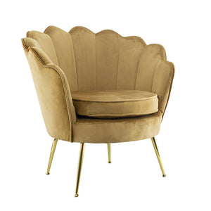 Poltrona Imbottita Schienale a Conchiglia in Velluto Piedi Oro Marrone