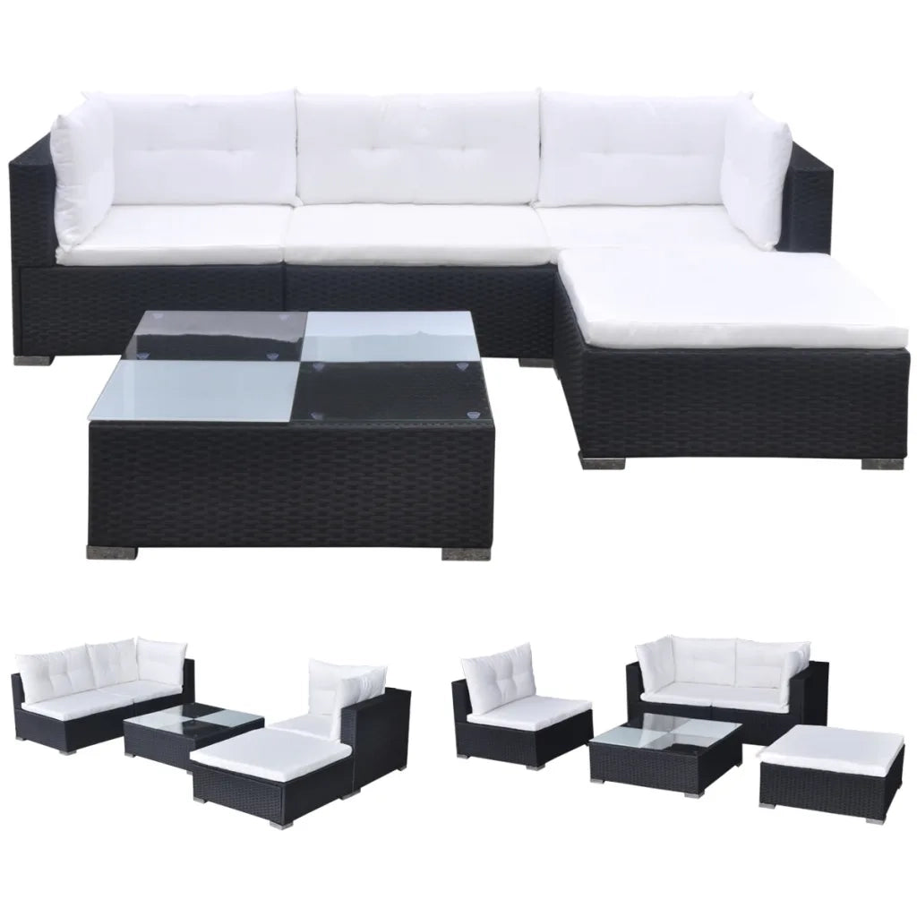 Set Divani da Giardino 5 pz con Cuscini in Polyrattan Nero 41872