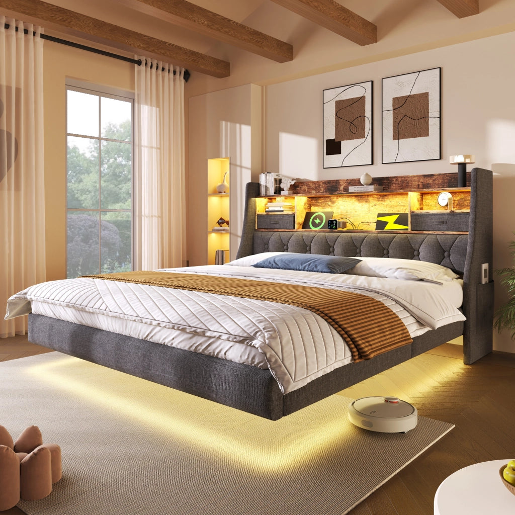 Letto imbottito 140x200 cm con LED, testiera contenitore, porte USB e materasso, grigio