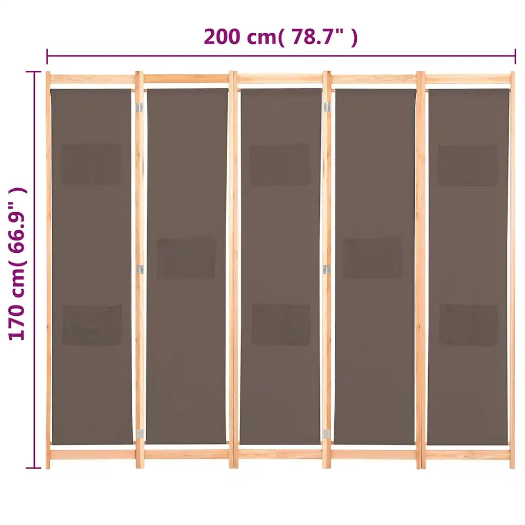 Divisorio a 5 Pannelli-Set di 5 pannelli Paravento Marrone 200x170x4 cm in Tessuto