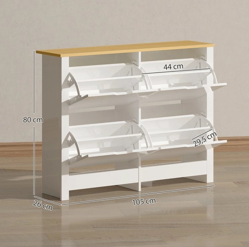 Scarpiera con 4 cassetti estraibili e ripiani; 105 x 26 x 80 cm; bianco