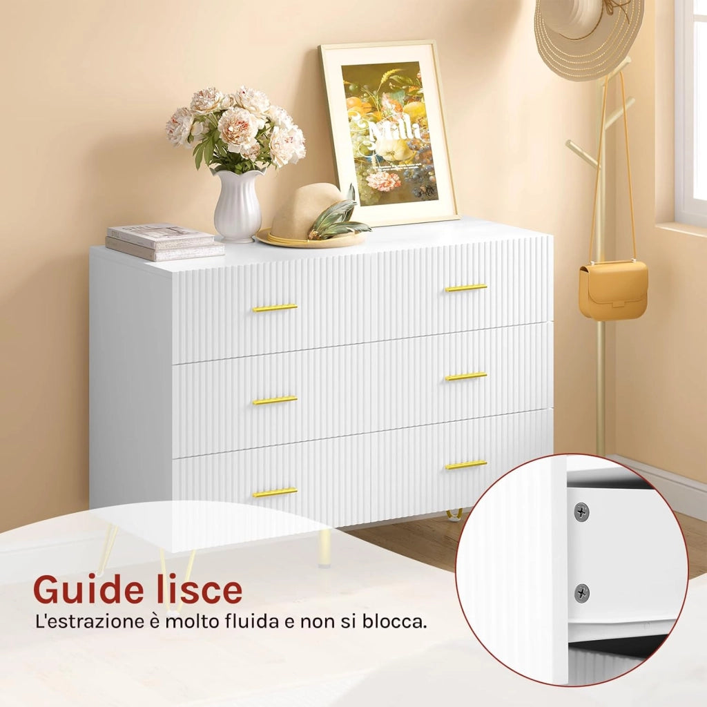WOLTU Comò Bianco per Camera da Letto, Cassettiera 6 Cassetti in Legno con Gambe Metalliche Dorate, Mobile Contenitore per Soggiorno o Ingresso, Dimensioni 100x40x75 cm, KMD002ws