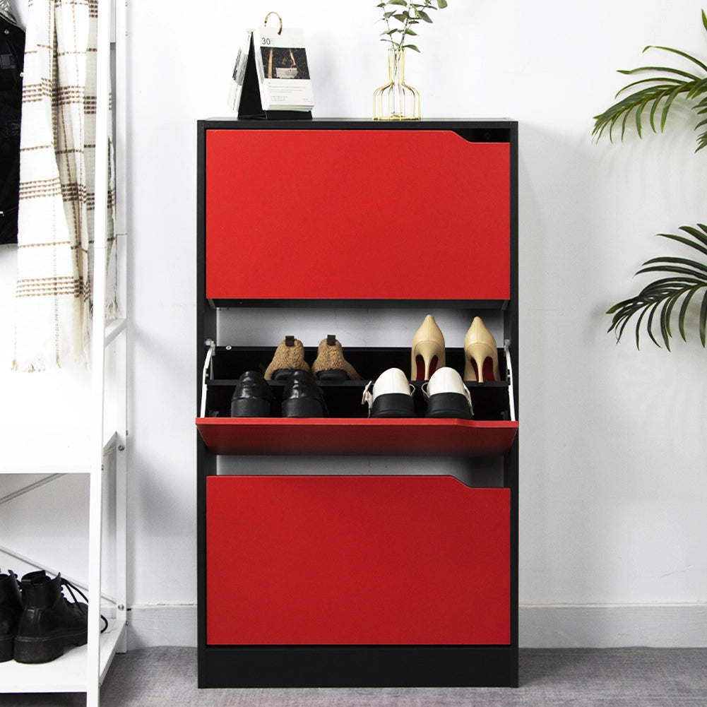 Scarpiera 3 Ante Ripiani Doppia Profondità Porta Scarpe Rosso e Nero 63x24x115cm