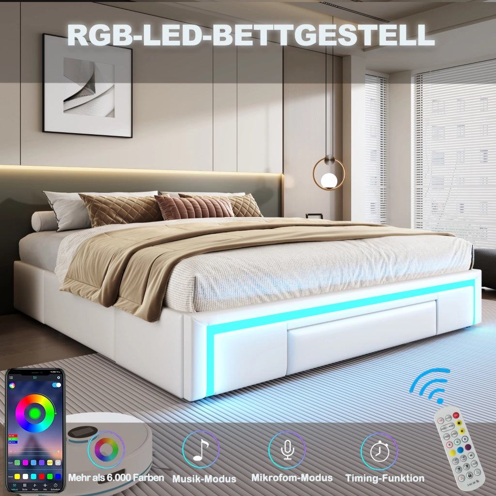 LETTO 90x200 cm senza testiera con cassetti, LED, PU bianco