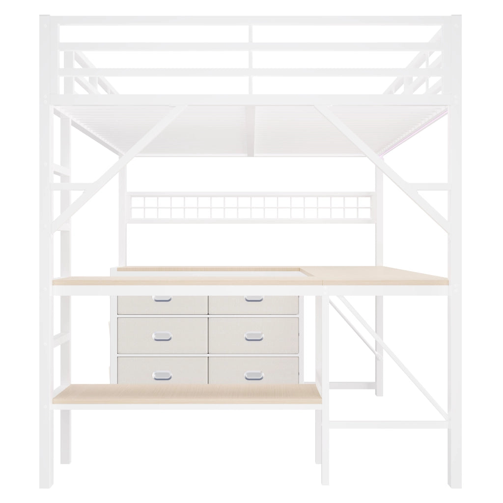 Letto a soppalco gaming 140x200 in metallo bianco con scrivania cassetti e luci LED
