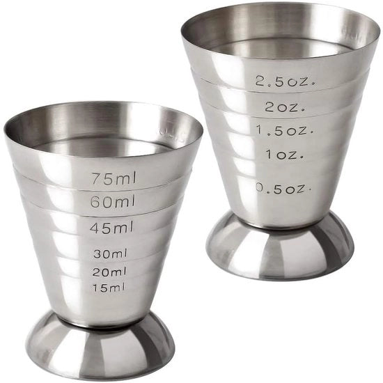Misuratore di Cocktail 2 Pezzi - Acciaio Inossidabile - 75 ml - Resistenze al Colpo - Sostenibile - Mezzaluna per Cocktail