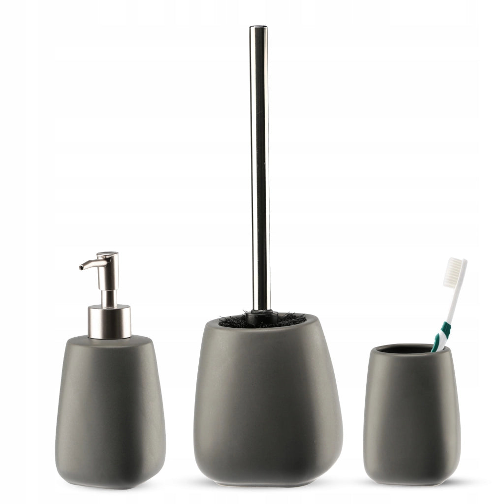 Set da bagno KADAX 3 in 1 con dispenser di sapone per WC, spazzolino e bicchiere, colore grigio.