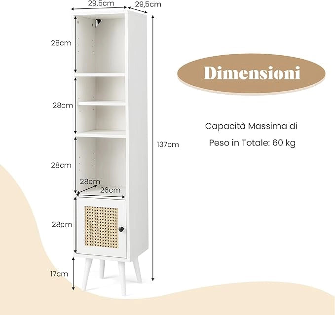 Libreria Scaffale con Anta in Rattan Naturale, Scaffale Legno in Stile Boho con 3 Ripiani Regolabili in 12 Posizioni, per Soggiorno Cucina e Camera da Letto, 29,5 x 29,5 x 137 cm (Bianco)