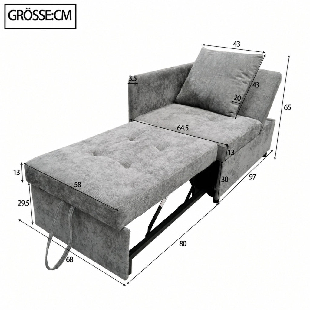 Divano letto 3 in 1 177x68 cm in lino grigio con schienale regolabile