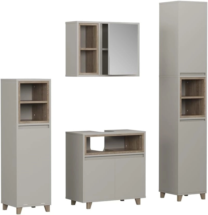 Set di mobili da bagno Elnor, Grigio, 60 cm, composto da mobile sottolavabo, specchiera e colonna alta