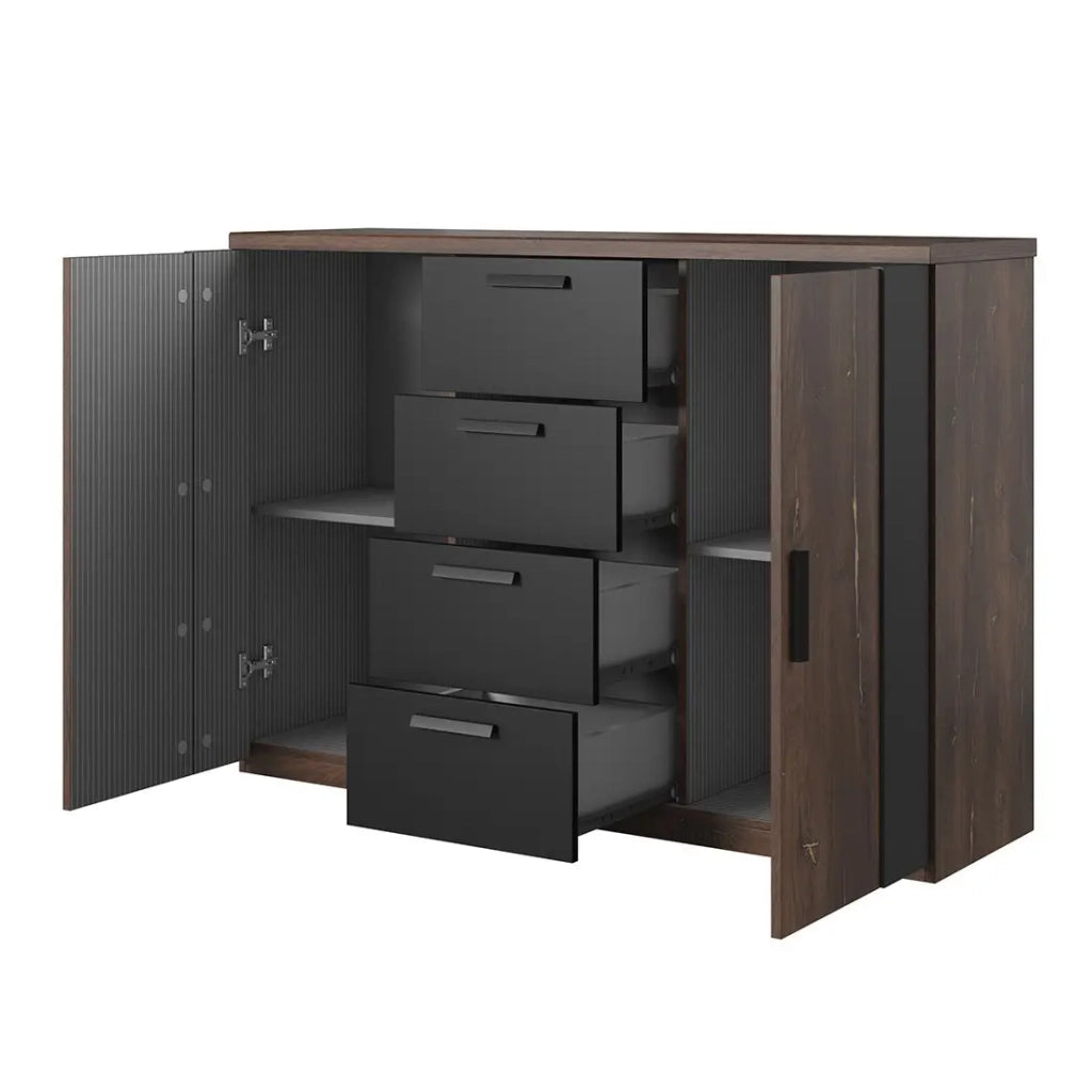 Credenza design 2 porte e 4 cassetti – 130 cm – Rovere scuro e nero – Collezione FOX