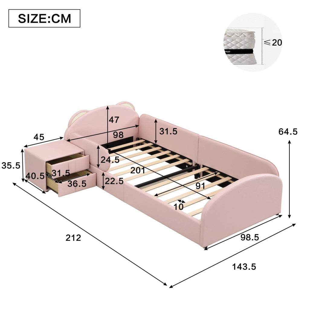 Letto singolo imbottito per bambini rosa 90x200 cm con comodino