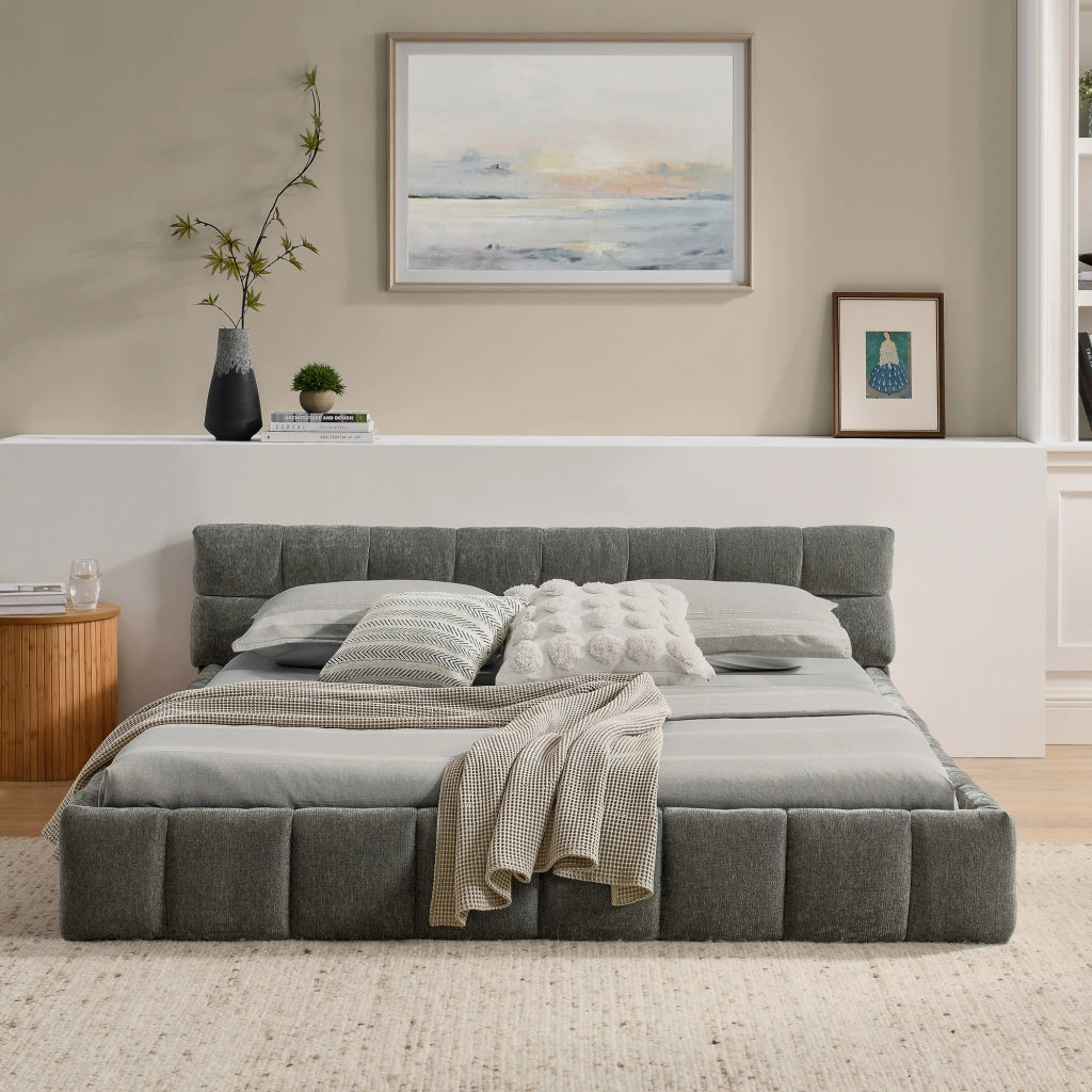 Letto Matrimoniale 140x200 cm; con Testiera Imbottita e Struttura in Legno e Ferro