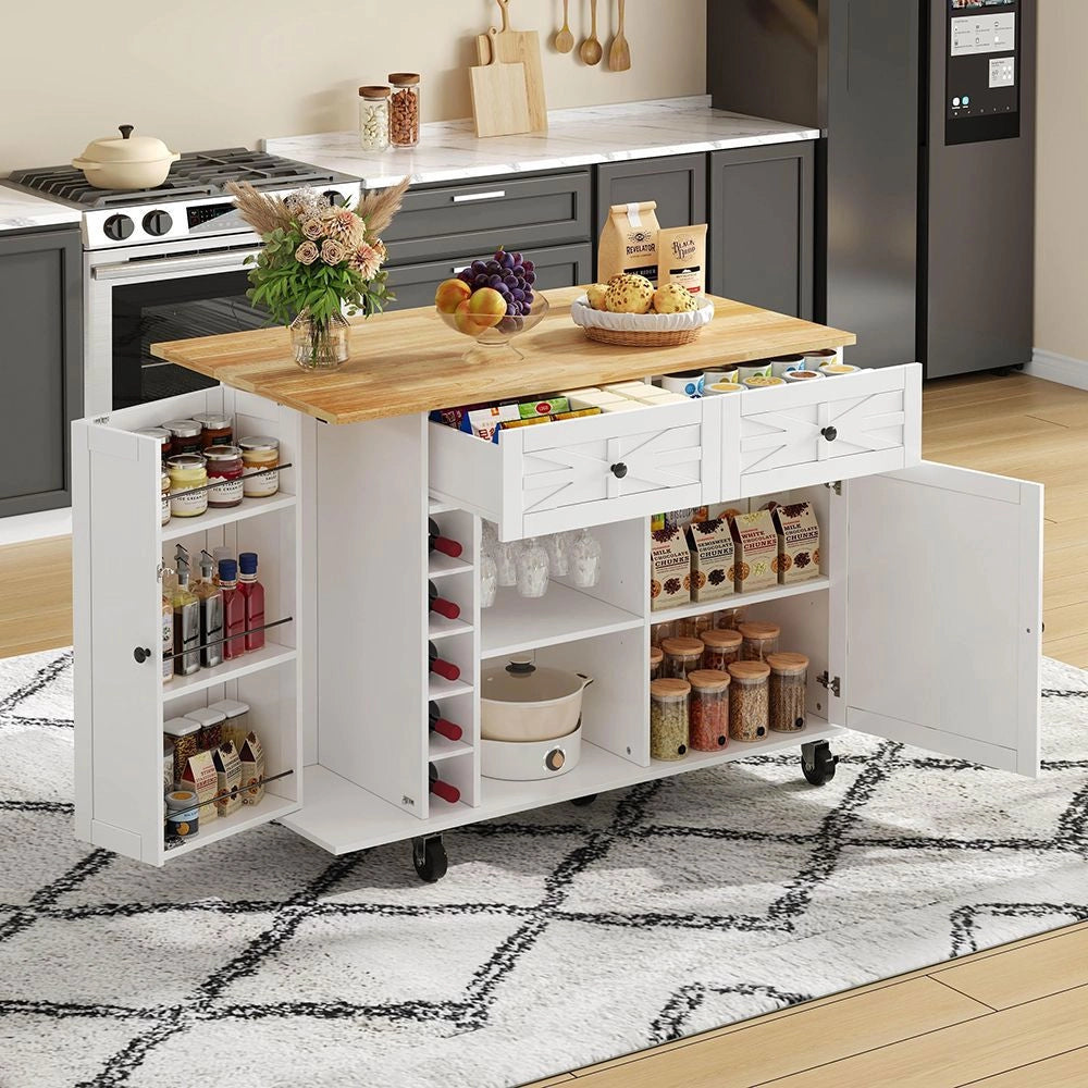 Isola da cucina con piano ribaltabile - Xylo - 120 x 45(70) x 89 cm - Bianco - 5 ruote bloccabili, scaffale porta, portabottiglie e portabicchieri